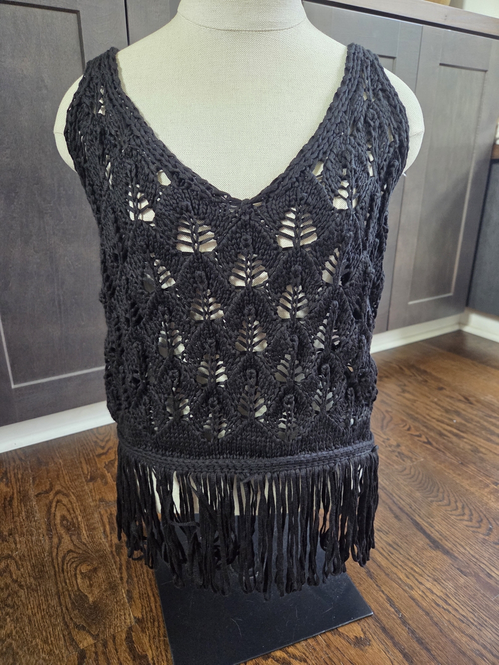 ZARA Black Crochet Knit Fringe Tank Top Boho Pointelle V-Neck